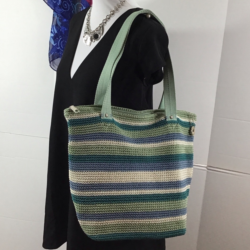 The Sak Mendocino Striped hand crocheted Green and Blue Tote Bag
